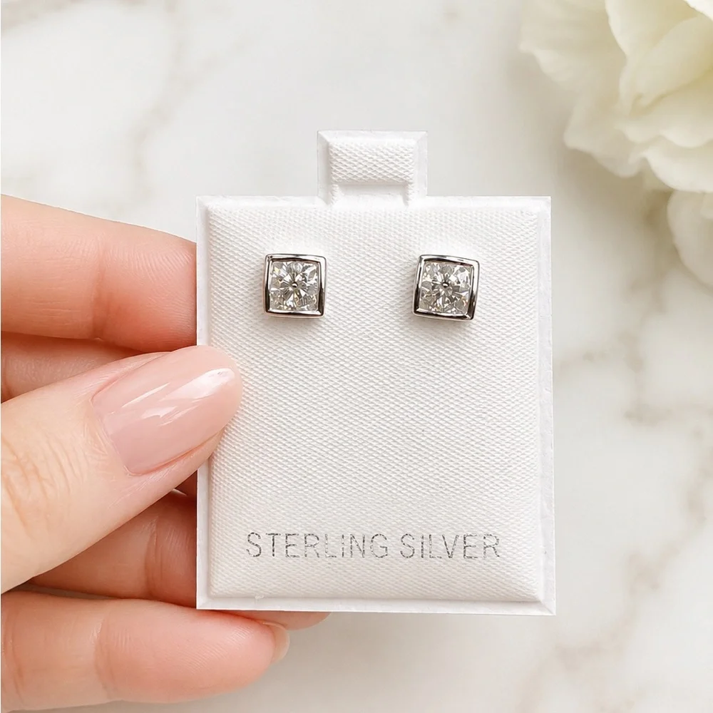 925 Sterling Silver Square 0.40CTW MOISSANITE  Stud Earrings Screw Back